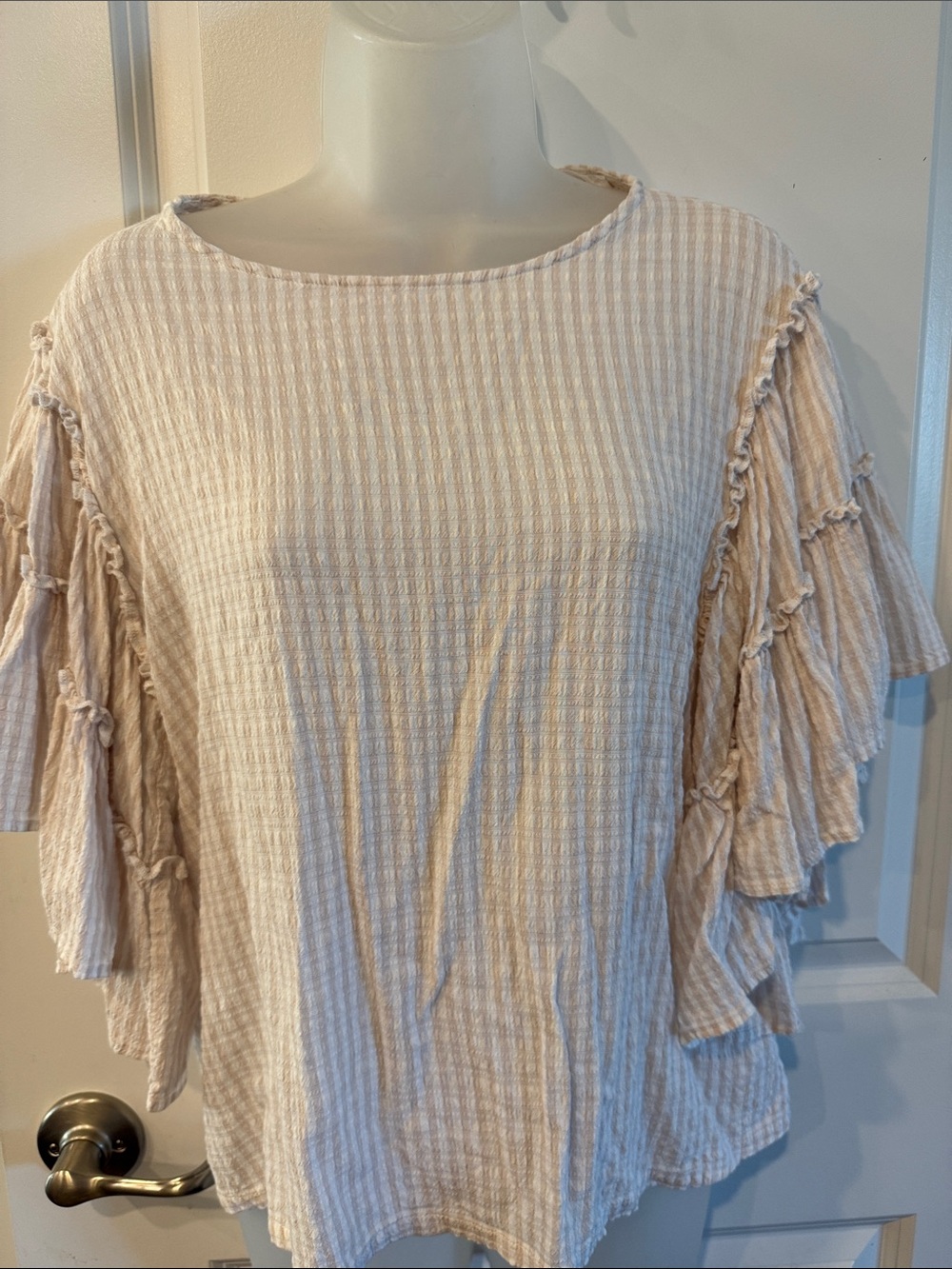 Chelsea & Theodore Cream Striped Ruffle Sleeve Blouse
